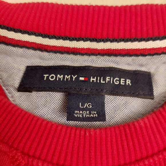 Tommy Hilfiger Red Spell Out Logo Crewneck Pullover Sweater Ivy Prep Size L - Picture 7 of 9